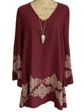 Maroon & Cream Boho Hippie Chic Trapeze Flowy Midi Dress with Floral Accents. L